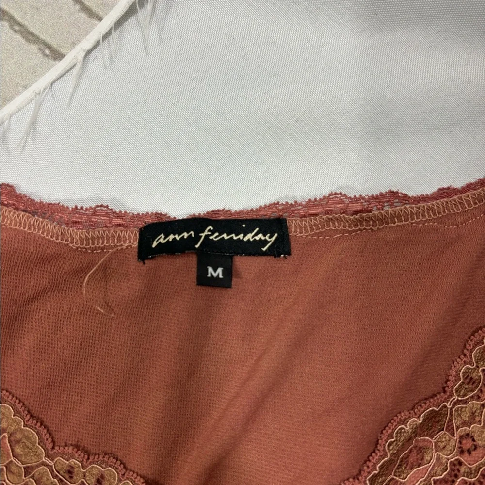 Vintage Ann Ferriday Top Floral Mixed Lace Tie Front Victorian Style Brick Red - Picture 5 of 6